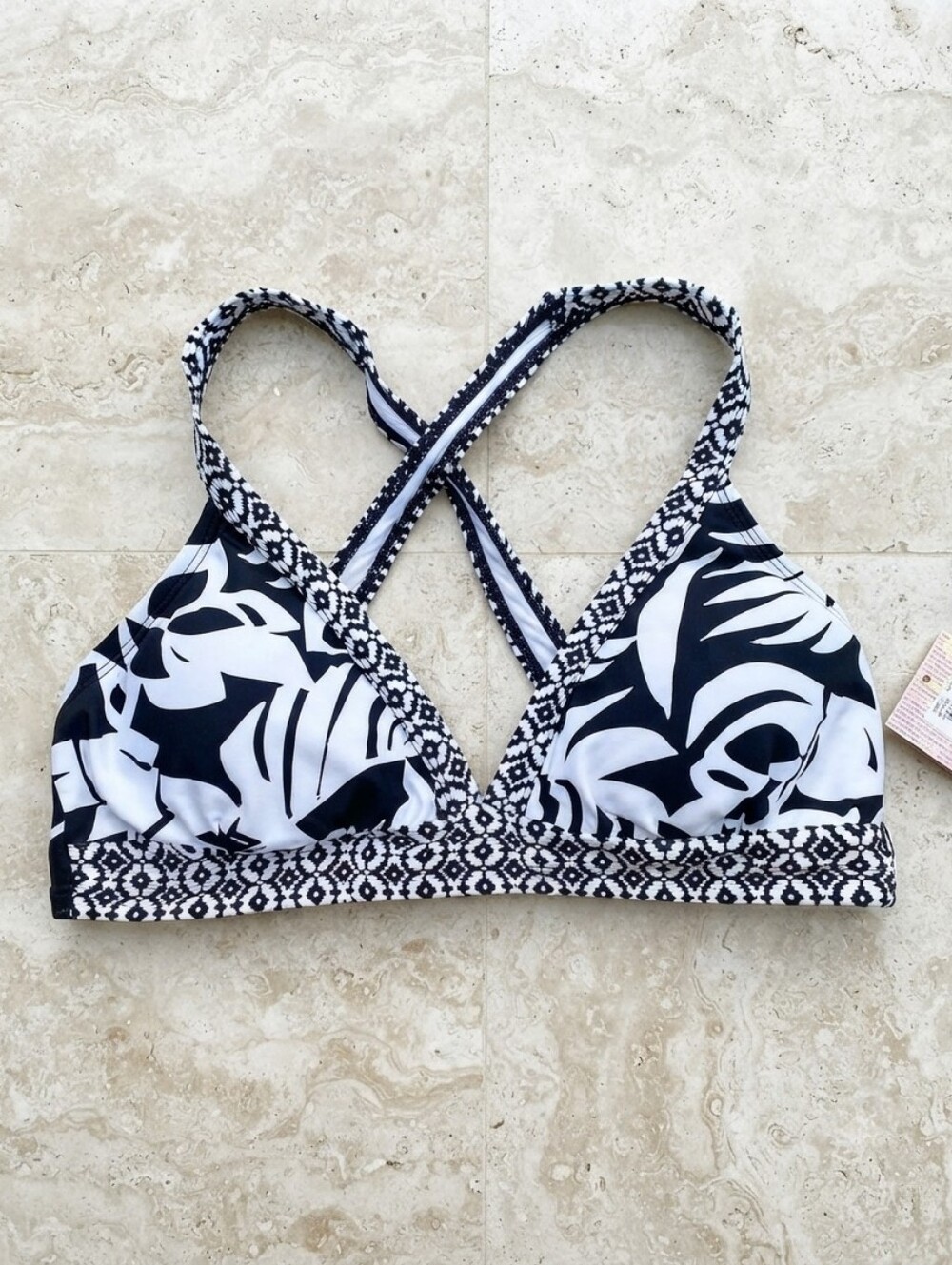 NWT 24th & Ocean XL Black and White Leaf-Print Crossback Bikini Top